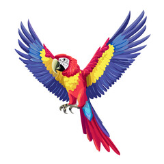 Fototapeta premium Macaw parrot with spread wings, in intense colors of red, yellow and blue, with subtle color transitions and a light shadow under the bird.