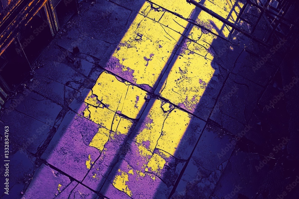 Poster sunlit cracked pavement in purple and yellow hues, showing decay and shadows from an overhead struct