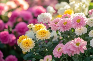 Vibrant Garden with Colorful Chrysanthemums in Bloom Showcasing a Beautiful Array of Pink, Yellow, and White Flowers Under Natural Light