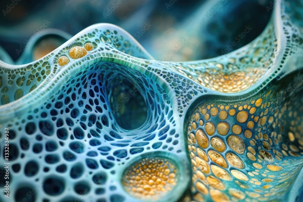 Aufkleber abstract 3d render of a turquoise and gold organic cellular structure with intricate details.