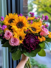 Obraz premium Vibrant Handheld Bouquet of Sunflowers, Roses, and Colorful Flowers Displaying Natural Beauty in a Bright Setting