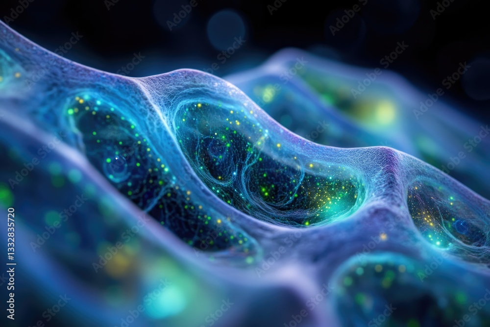 Poster abstract rendering of a bioluminescent cellular network, glowing with vibrant teal and green hues.