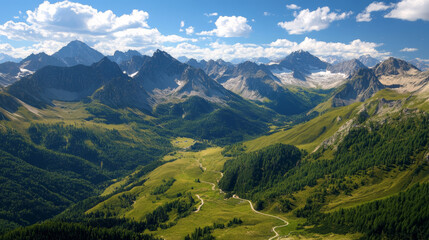 Naklejka premium Mountain Passes and High Roads Scenic Routes: Some of the most iconic mountain views come from winding mountain passes and roads that cut through the landscape.