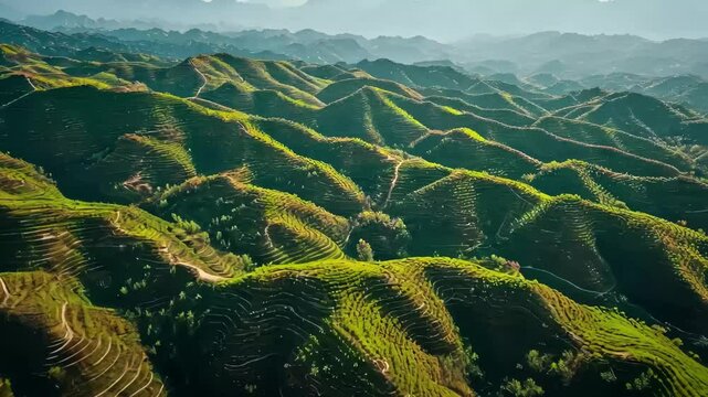 Stunning aerial view showcases rolling green hills in a mountainous landscape under soft sunlight, Aerial shot panning from left to right of the rolling mountains of Henan, China