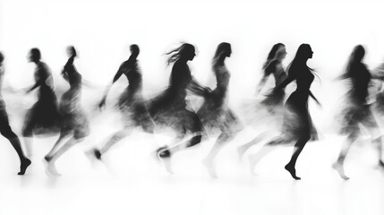 Dynamic silhouette, dancers shadows in blurred moving motion in white background for unique stage design, broadway musical show concept