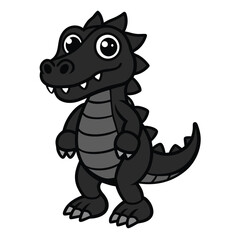 A charming cartoon illustration of a black baby alligator with large eyes, standing upright. Its design is simple yet expressive, ideal for childrens books or animation.