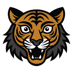 Obraz premium A stylized tiger head illustration. Orange fur with black stripes, open mouth, sharp teeth, intense eyes. Bold black outlines, fierce expression. Suitable for logo or mascot.