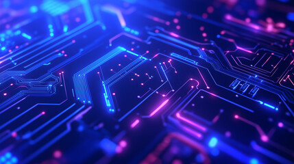 Futuristic circuit board design with intricate electronic components, illuminated with a blue and neon glow, highlighting the evolution of modern technology in digital infrastructu