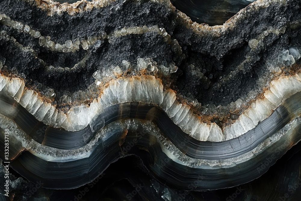 Poster intricate banded agate with crystalline formations showcasing a mesmerizing interplay of dark and li