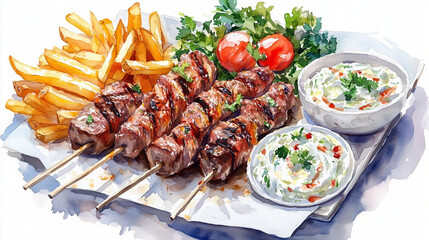 Watercolor painting of a platter of souvlaki with sides  