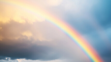 A stunning rainbow appears during the rain, creating a beautiful contrast of vibrant colors against the gray sky. This natural phenomenon symbolizes hope and beauty, even in the mi