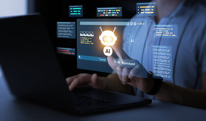 Person using laptop with Ai Content Generator. Interaction with the Ai assistant to solve some...