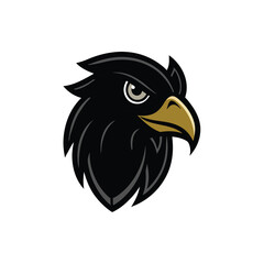 Fototapeta premium A stylized black eagle head, facing right, features a sharp gaze and detailed feathers. Its beak is a goldenyellow. The image is a vector graphic, suitable for a logo or mascot.