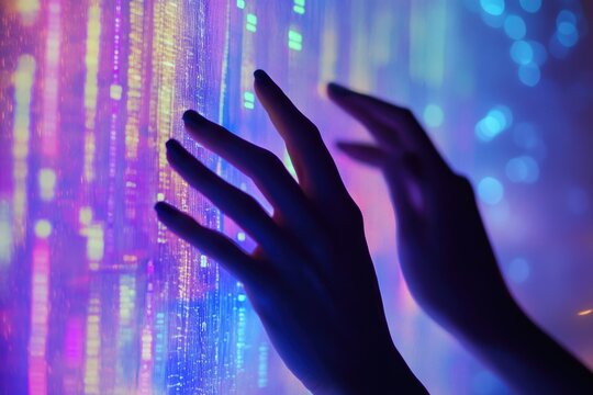Silhouetted hands interacting with a vibrant, colorful digital interface, evoking futuristic technology.