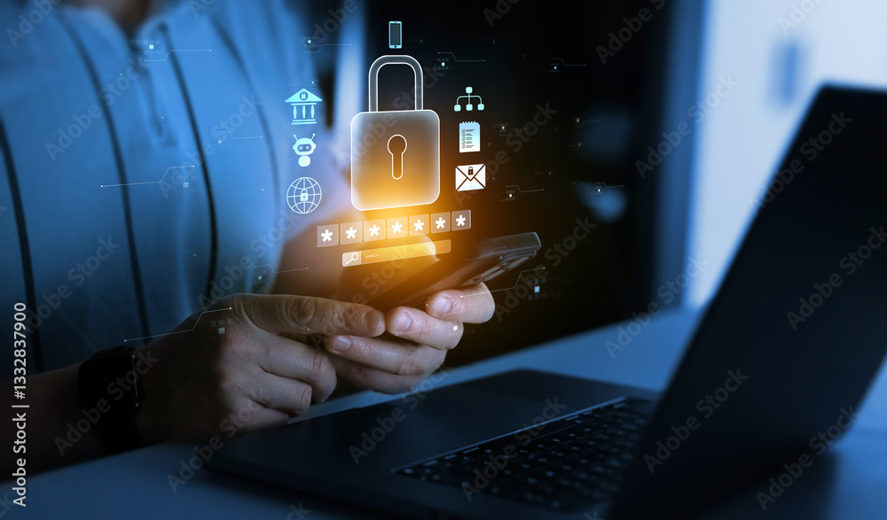 Poster network security system. personal data information on smartphone.information and cyber security tech