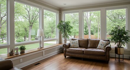 Fototapeta premium Spacious Open Living Room and Sunroom with Abundant Natural Light, Window Seat, Leather Couch, and Lush Greenery