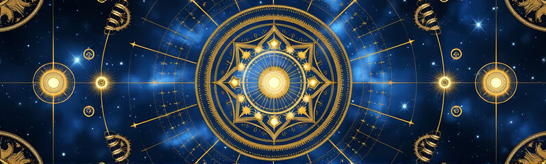 Fototapeta premium Glowing cosmic mandala artwork with gold filigree on deep blue background