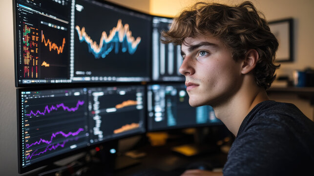 Focused young man working at home desk with multiple monitors for data analysis