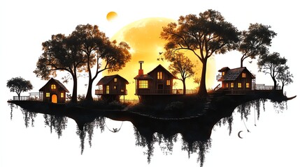 Obraz premium Whimsical Treehouse Village Silhouette in Forest Setting at Sunset Isolate on White Background