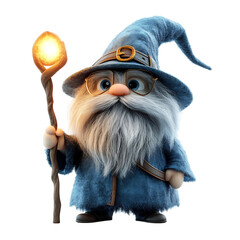 A Fluffy 3D Cartoon Wizard with Glowing Staff and Wand Isolated on Transparent Background