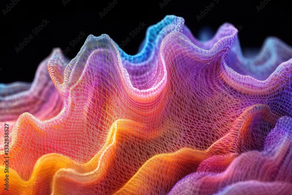 Poster abstract colorful mesh fabric with wavy texture, vibrant hues and intricate details.