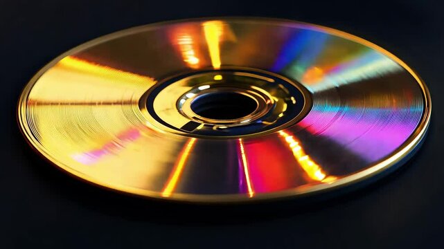 A reflective disc glimmering with colorful reflections created by surrounding lights in a dark setting