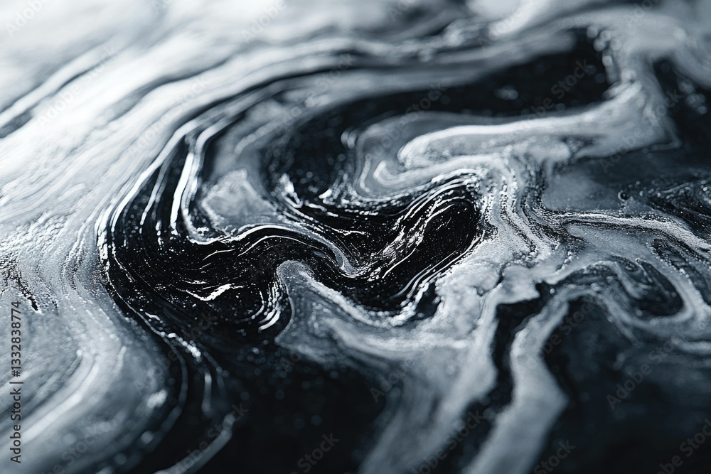 Poster abstract swirling pattern of black and white paint, creating a mesmerizing fluid art texture.