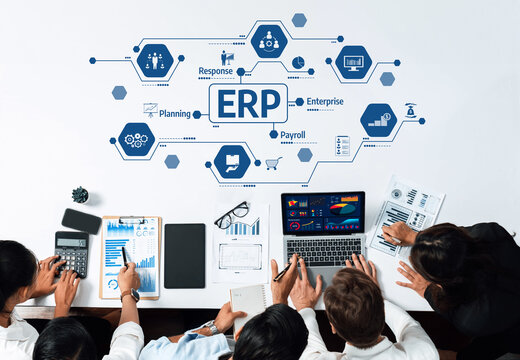 A diverse team of professionals collaborates in a business meeting focused on ERP strategies, analyzing data trends and planning effective enterprise solutions for growth. Amity - Powered by Adobe
