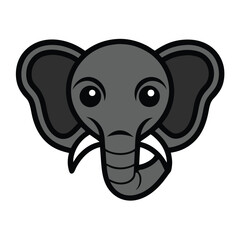 A simple, cartoon illustration of a friendlylooking gray elephants head with large ears and big, expressive eyes. The style is minimalist and childappealing.