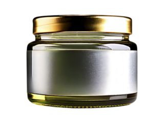 Elegant glass jar with a gold lid and blank silver label, set against a dark background.  Perfect for showcasing your product, ideal for beauty, food, or cosmetic packaging mockups.