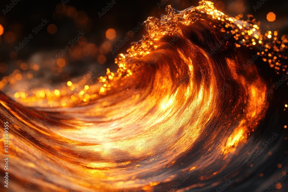 Aufkleber a fiery golden wave crests, illuminated by sunlight, showcasing its textured surface and dynamic ene