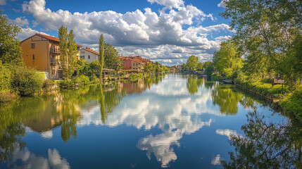 Fototapeta premium Scenic Views and Tranquil Atmosphere Natural Beauty: The sight of a flowing river through a village creates a tranquil and picturesque view. 