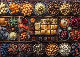 Festive Spread of Fruits, Nuts, Sweets, and Pastries on a Decorative Table

