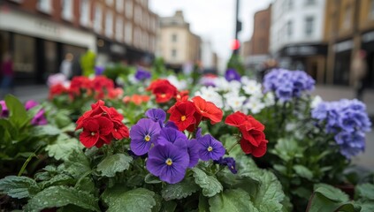 Vibrant Multicolored Pansy Flowers in Bloom on a City Street with Soft Focus Background of Urban Buildings and Streetlife