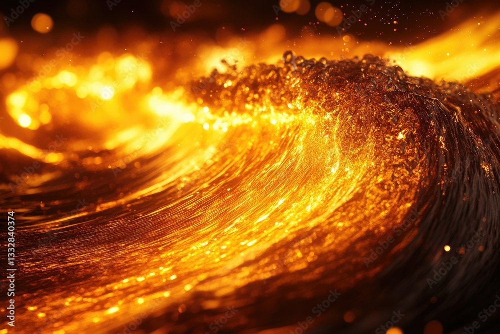 Poster a fiery golden wave crashes, illuminated by sunlight, creating a mesmerizing spectacle of nature's p