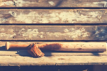Vintage Baseball Bat and Glove on Wooden Bench