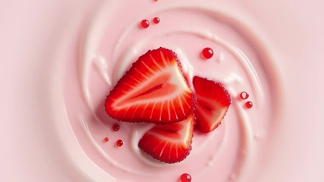 strawberry yogurt with fresh sliced strawberries and juice droplets creating a creamy swirl, vibrant pink texture and glossy fruit pieces, concept of healthy eating, dairy products, dessert advertisin
