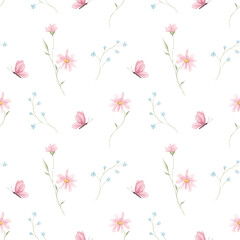 Spring seamless pattern, watercolor. Texture. Small spring flowers. Blooming. Summer. Pink, blue. Home textile, tablecloth. Print for fabric. Floral pattern.