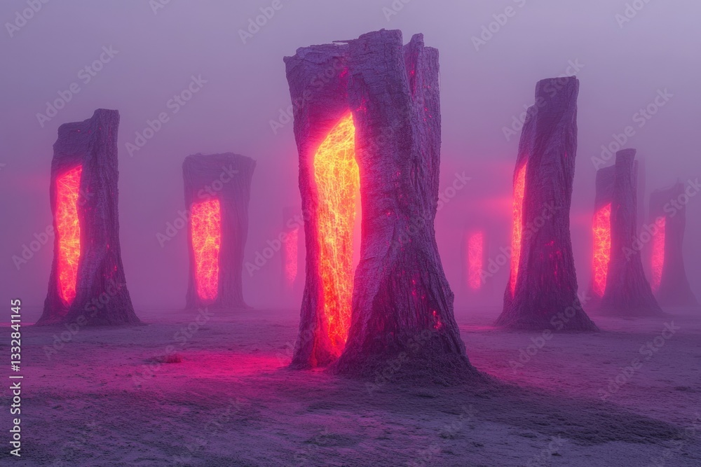 Poster glowing pillars of light rise from a misty, alien landscape, creating an ethereal and mysterious sce