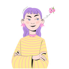 Vector illustration of a woman with spring vibe in a modern style with pastel colors and minimalist details. Suitable for projects related to fashion and beauty.