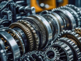 Close-up of intricate engine components like gears and camshafts