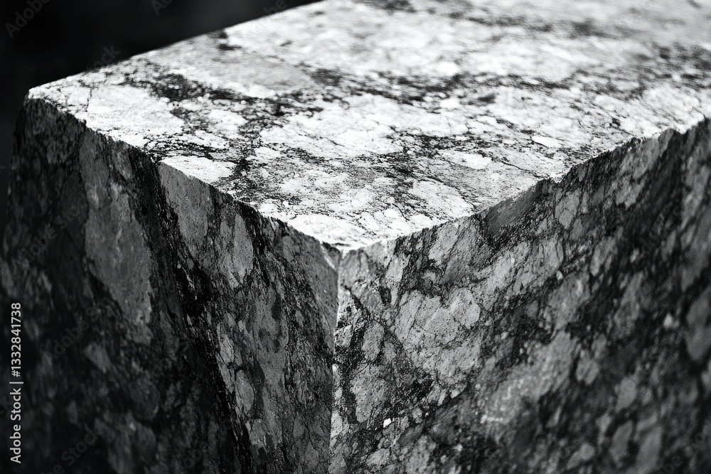 Poster Black and white close-up of a rough-textured stone block, showing intricate detail and natural patterns.