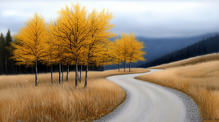 Curving dirt road surrounded by vibrant yellow trees in autumn landscape with distant mountains