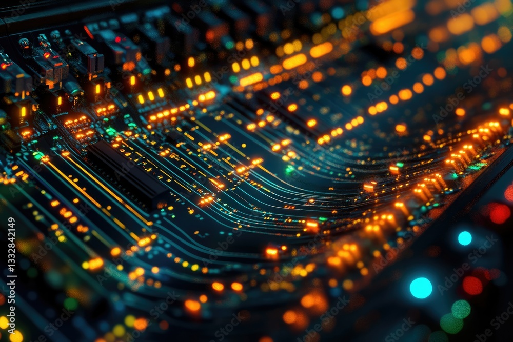 Poster intricate circuitry glows with vibrant orange and teal lights, showcasing complex technological desi