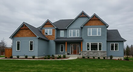 Obraz premium Front View of a Spacious Two-Story Blue-Gray Home with a Blend of Wood and Vinyl Siding