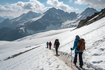 A group of trekkers walking up a snow-covered mountain trail