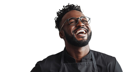 Cheerful chef in black, cut out. Isolated on a transparent background.