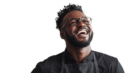 Cheerful chef in black, cut out. Isolated on a transparent background.
