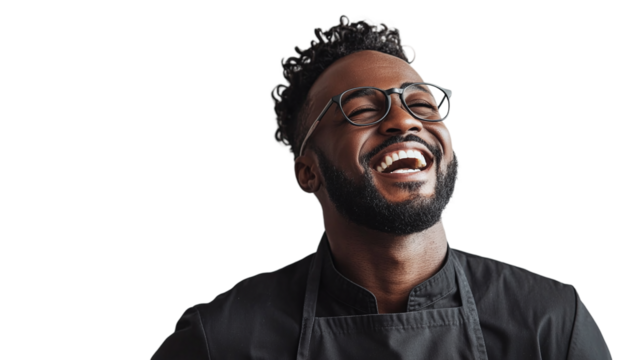 Cheerful chef in black, cut out. Isolated on a transparent background.