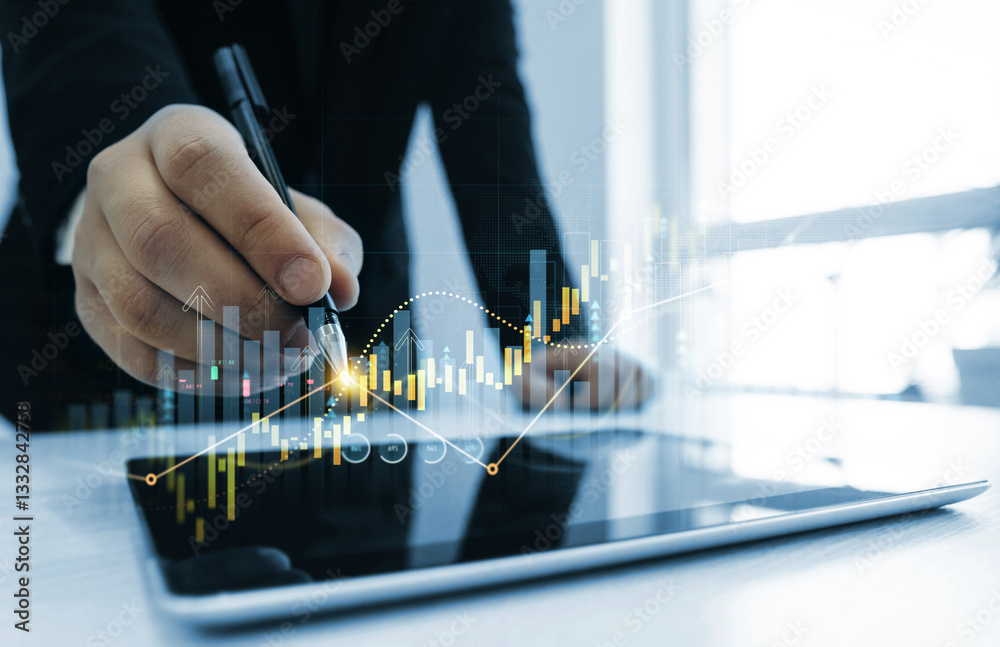 Poster Business strategy and data on economic growth graph chart. Business finance growth and graph chart diagram and analysing sale data.Analysis finance grow graph and market investment.	